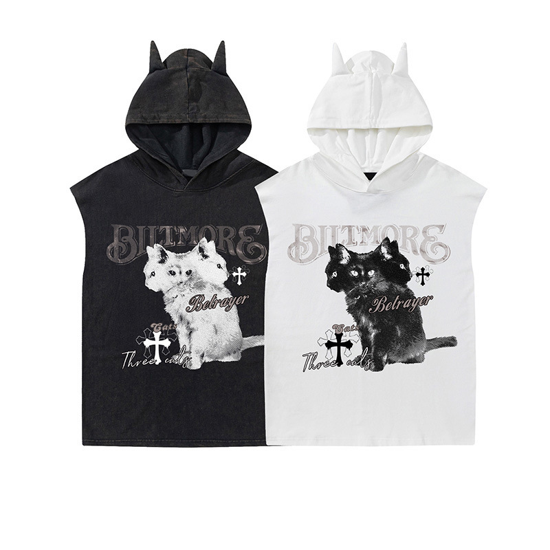 Mens Trendy Devils Corner Hoodie Sleeveless American Washed Outdated Street Dark Style Summer Tank Top