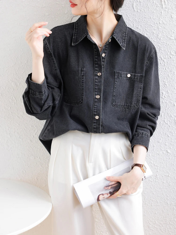 Black Thin Vintage Denim Shirts For Women 2024 Spring Streetwear Retro Long Sleeve Loose Jeans Tops Lady 240812