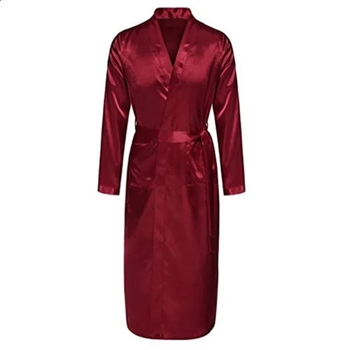 Burgundy Mens Robe Faux Silk Kimono Bath Gown Bathrobe Nightgown Sleepwear Hombre Pijama Size S M L XL XXL ZhM055 240812