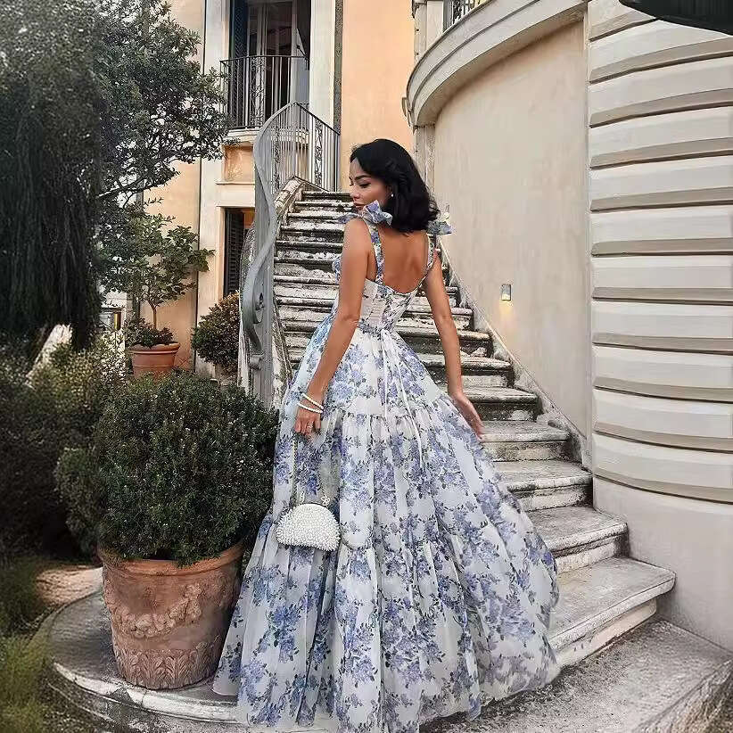 New Spring/summer Off Shoulder Womens Fashion Organza Fairy Long Style Temperament Evening Dress Bifurcated Short Waist Temperament Loose High Waist D