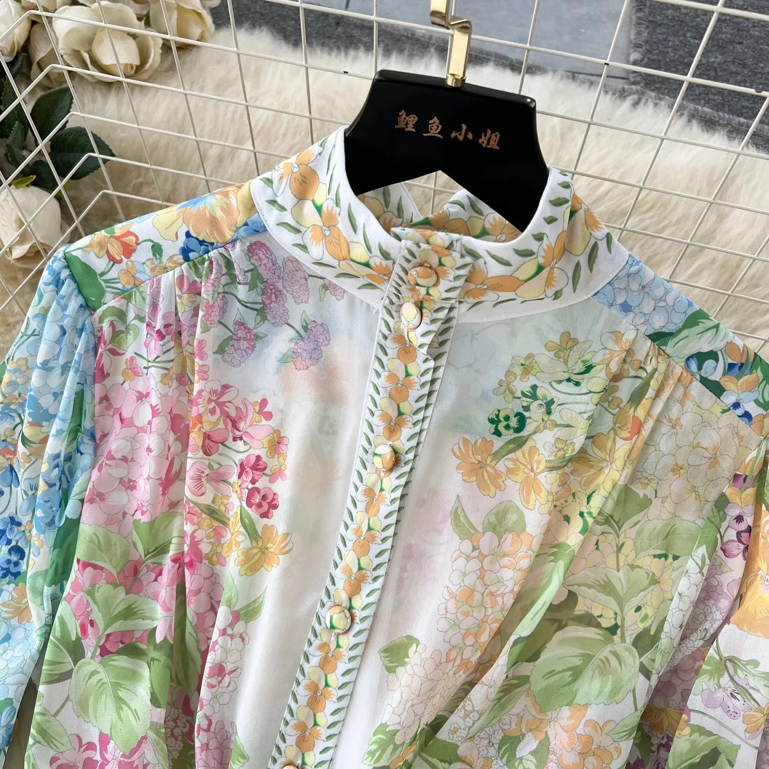 Fashion Runway Gorgeous Flower Holiday Chiffon Dress Women Stand Long Lantern Sleeve Floral Print Belt Lace Up Boho Robe Vestido 240812