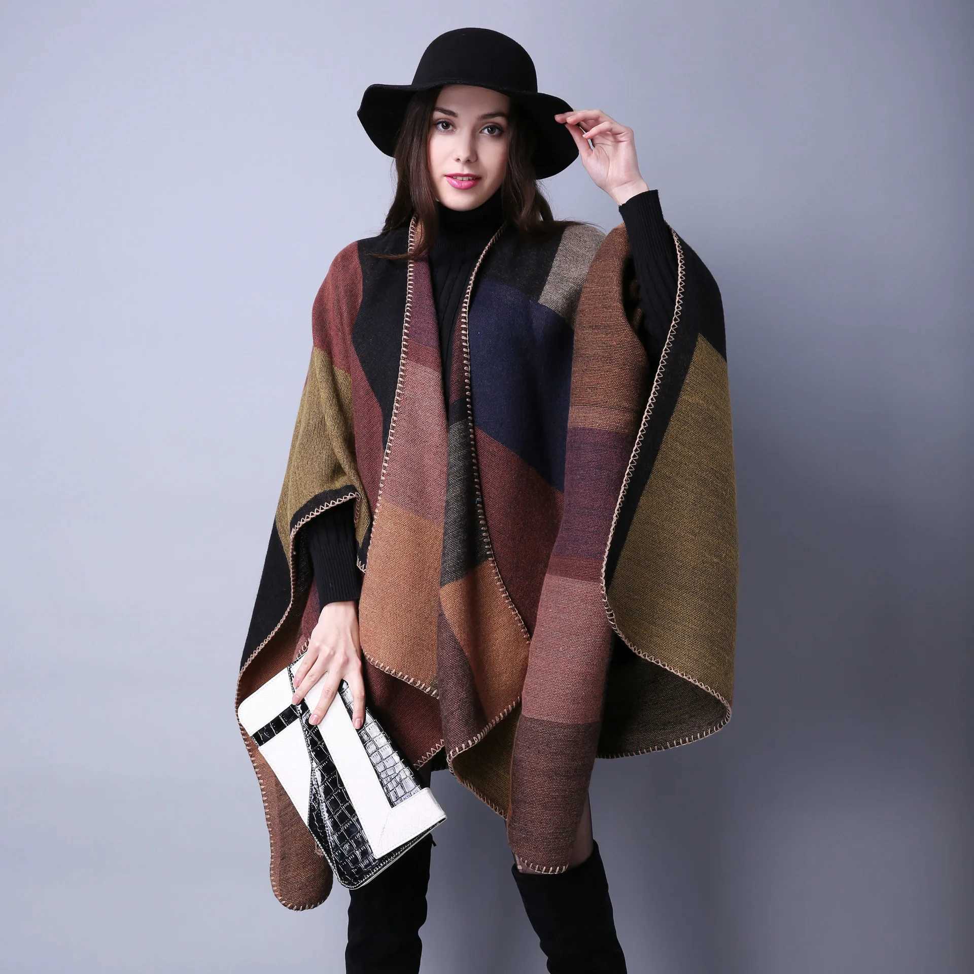 Vintage colored block shawl imitates cashmere warm bag Bohemian large blanket scarf raincoat shawl thick coat outdoor W240810