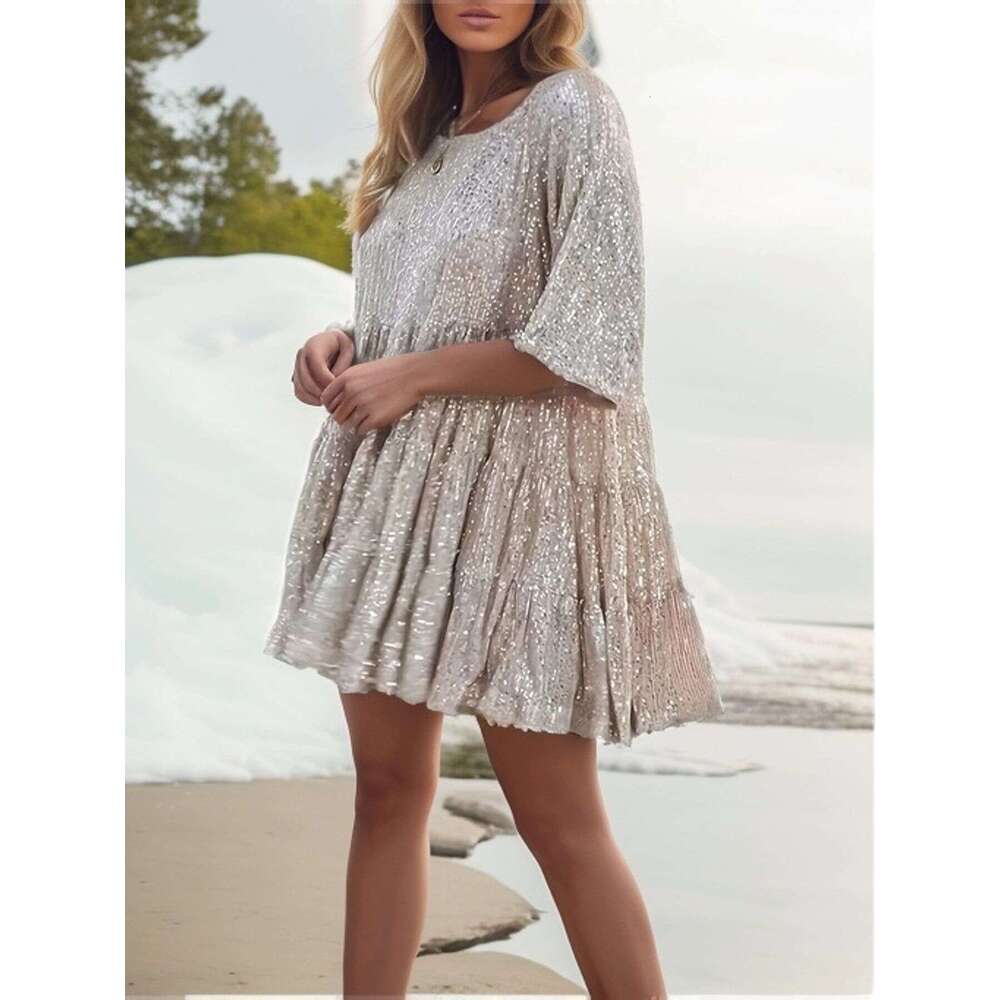 New Fashion Sequin Round Neck Loose Waist Sleeve Short Banquet Dress Waist Self-cultivation Bifurcated Novelty Temperament Lace Dress Silk Dress