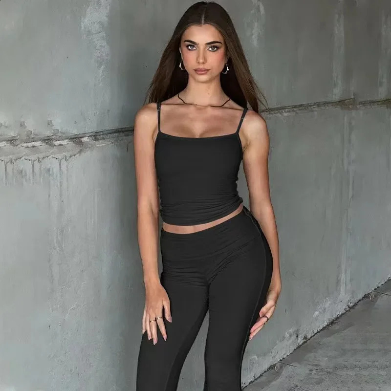 Matching Set Sleeveless Tank Top Spring Summer Elegant Womens Bell Bottom Solid Club Co Ords Pants 240809