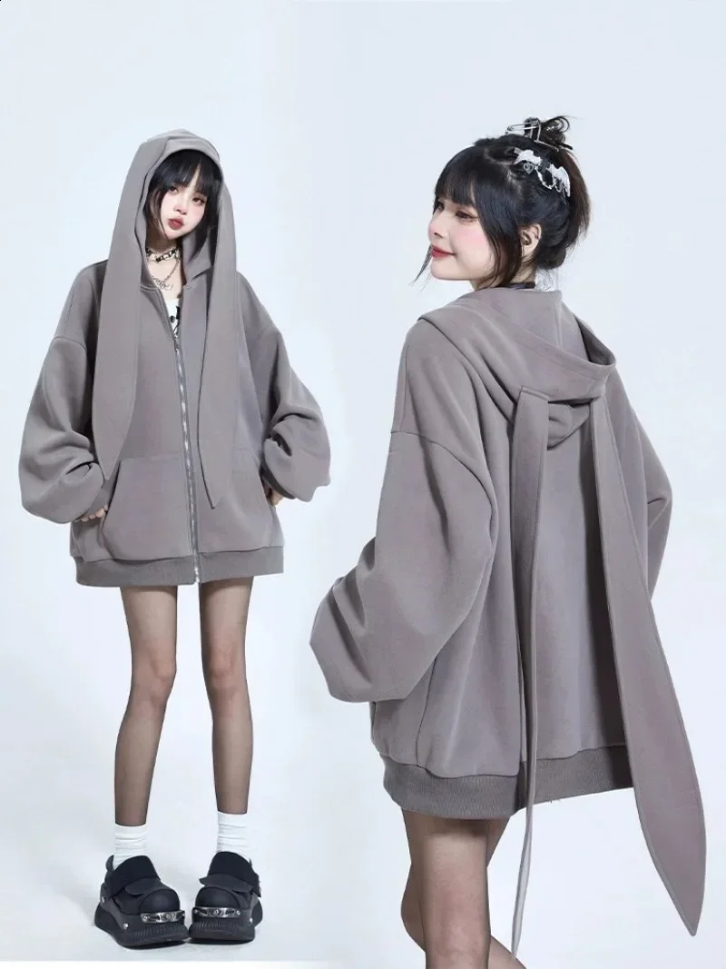 Autumn Winter Rabbit Big Ear Hooded Sweater Coat Oversize Zipper Cardigan Hoodie Jacket 2000s Korean Zip Up Y2k Tops Kpop 240812
