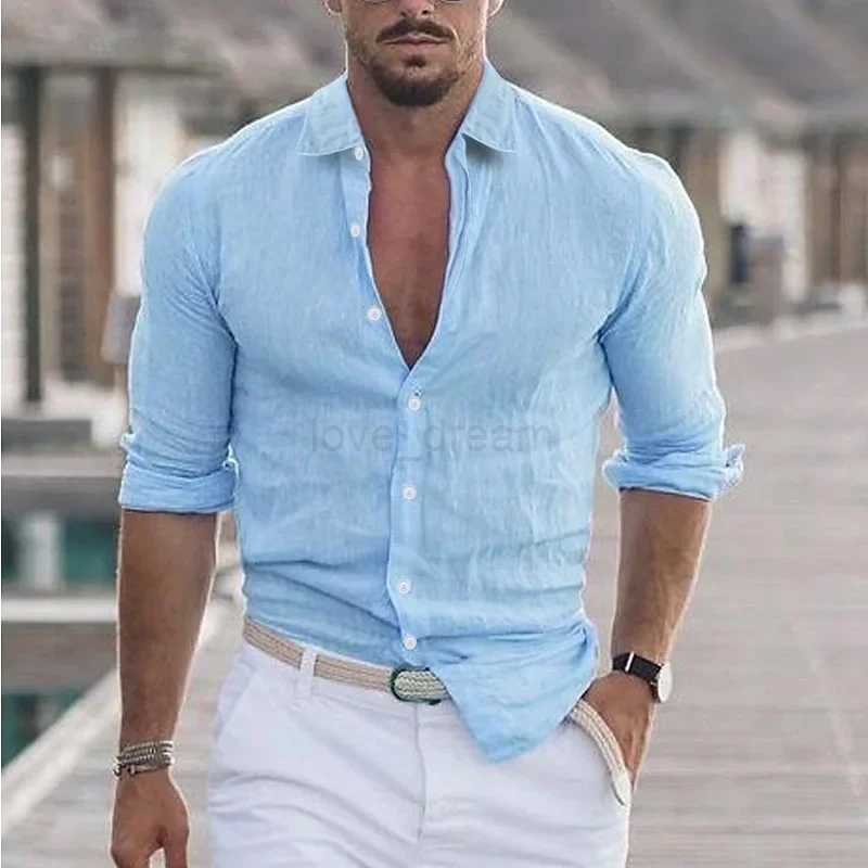2024 Elegant Mens Solid Color Cotton Linen Long Sleeve Shirt Lapel Fashion Casual Loose Soft Breathable Cotton TopXJ240812