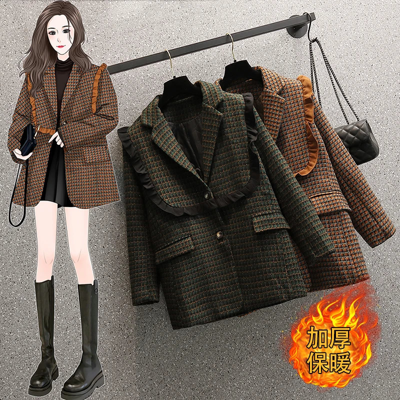 Winter Coat Women Woolen Cloth Plaid Blazer Vintage Oversized Green Checked Thicken Warm Ladies Tweed Jacket Female Wool Coats 240812