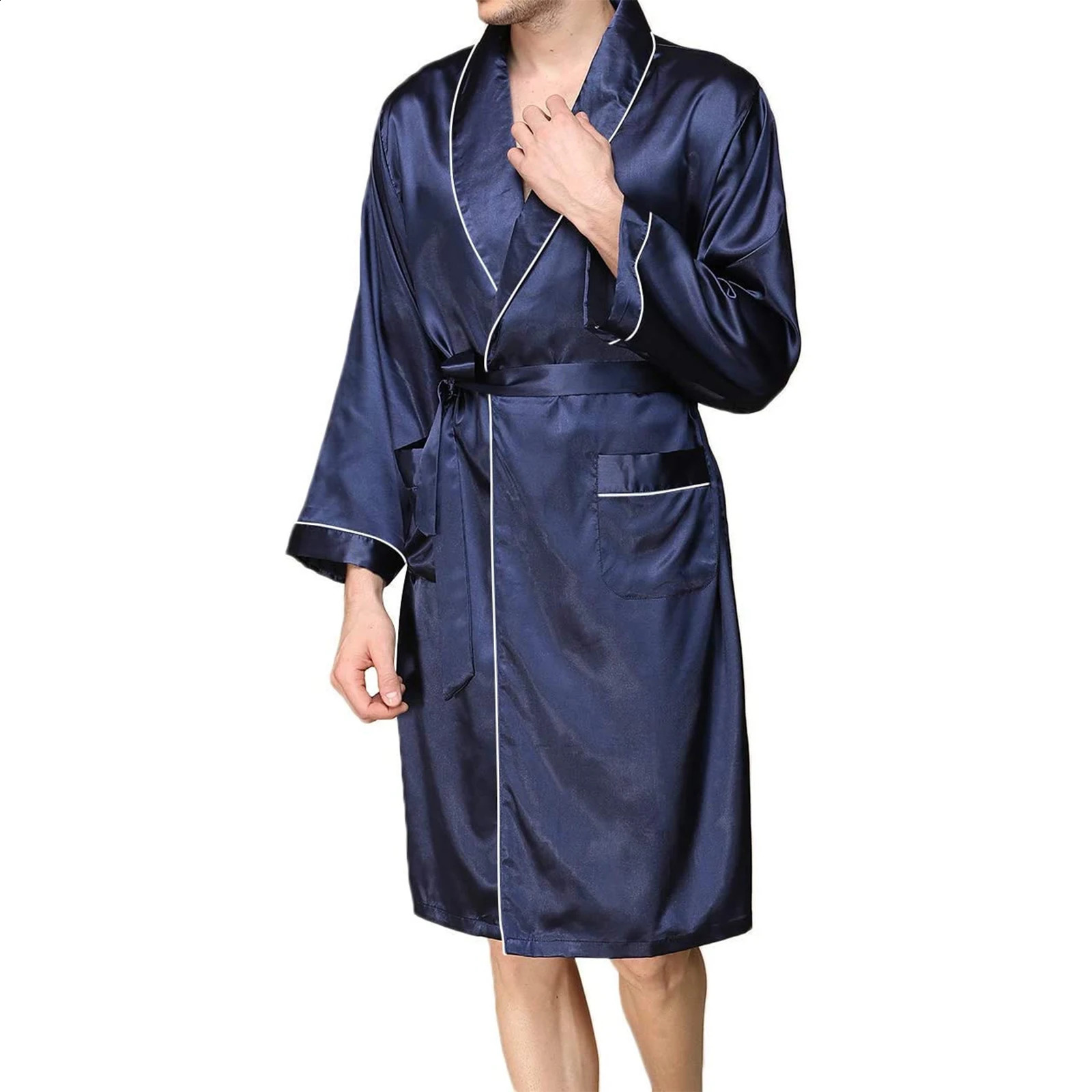 Men Satin Bathrobe with Belt Adults Contrast Color Long Sleeve V-neck Night Robe with Pockets SMLXL 240812