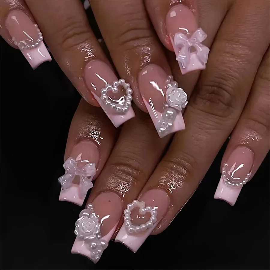 French Love Bow Decoration Fake Nail Medium Long Coffin Ballet Press Nail Korean Sweet 3D Flower Design Bridal Lady Fake Nail W240810