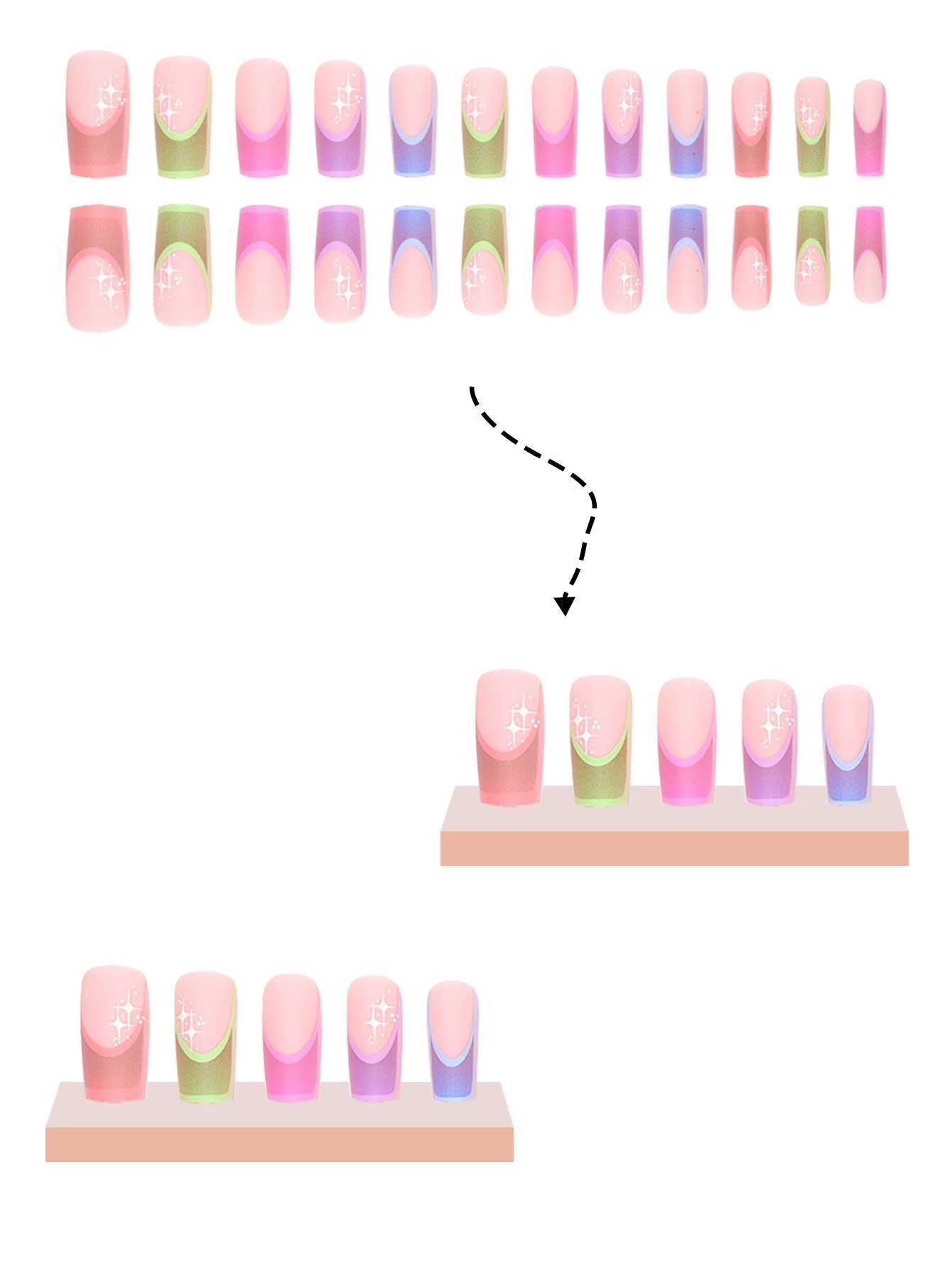24 pieces of paraffin nail shapes multi-color French pattern fake nails+1 jelly glue+1 random color nail files W240810