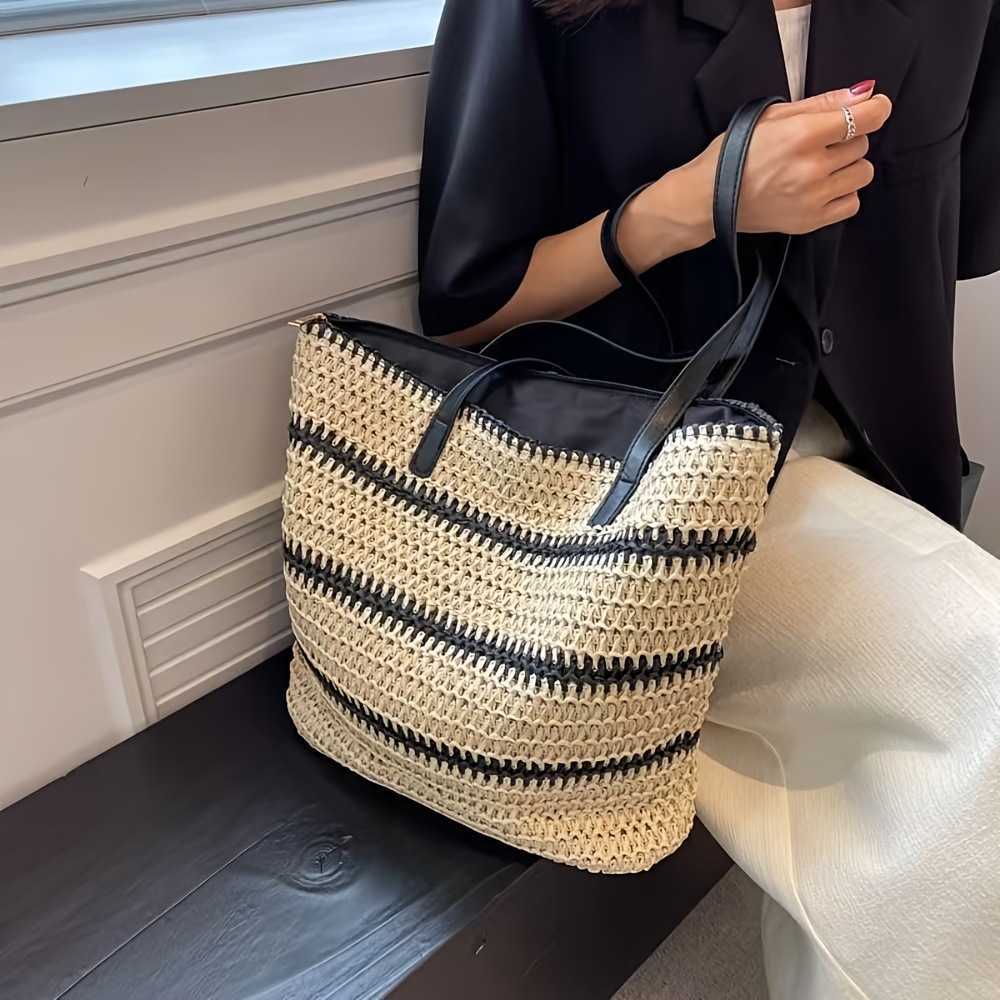 CMM Womens Classic Straw Bag Summer Beach Shoulder Bag Weaving Straw Woven Bag Tote Foreskin Shoulder Strap Handmade Woven Bag
