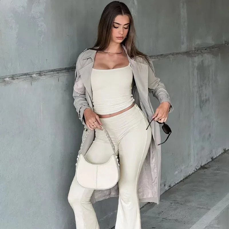 Matching Set Sleeveless Tank Top Spring Summer Elegant Womens Bell Bottom Solid Club Co Ords Pants 240809