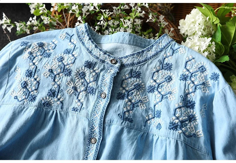 Elegant blouses for women 2024 summer ethnic long sleeve embroidery denim shirts and blouses jean shirts Y2K vintage top 240812