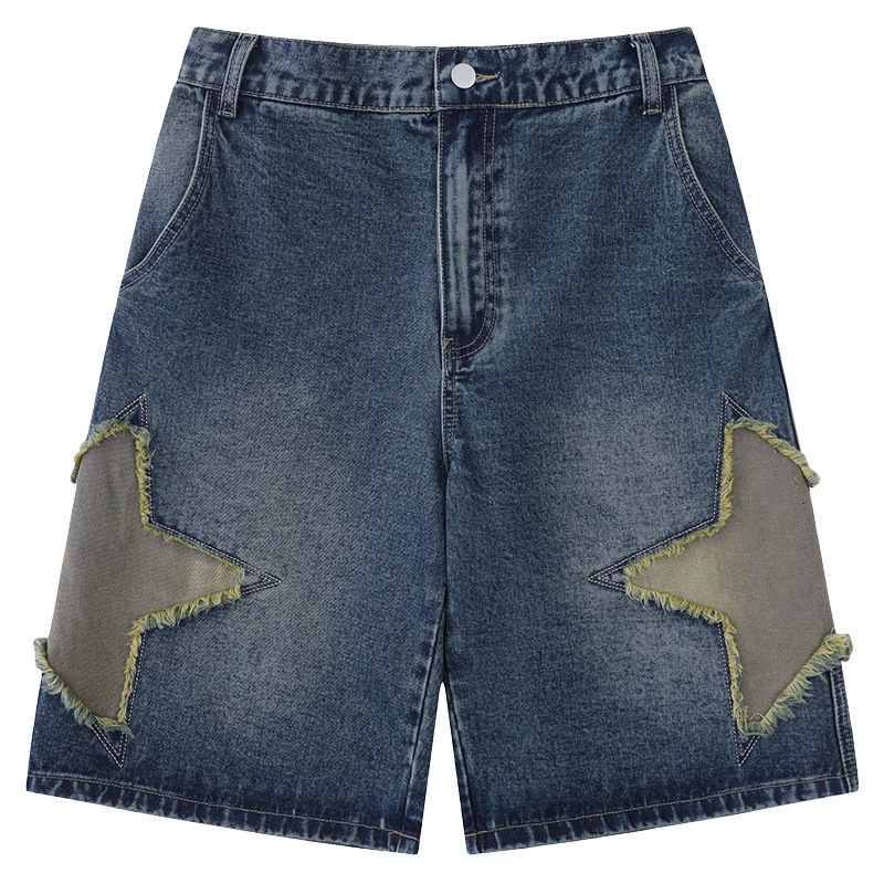 Mens Clothing American Street Hip-hop China-chic Style Star Patch Jeans for Mens Summer Short Loose