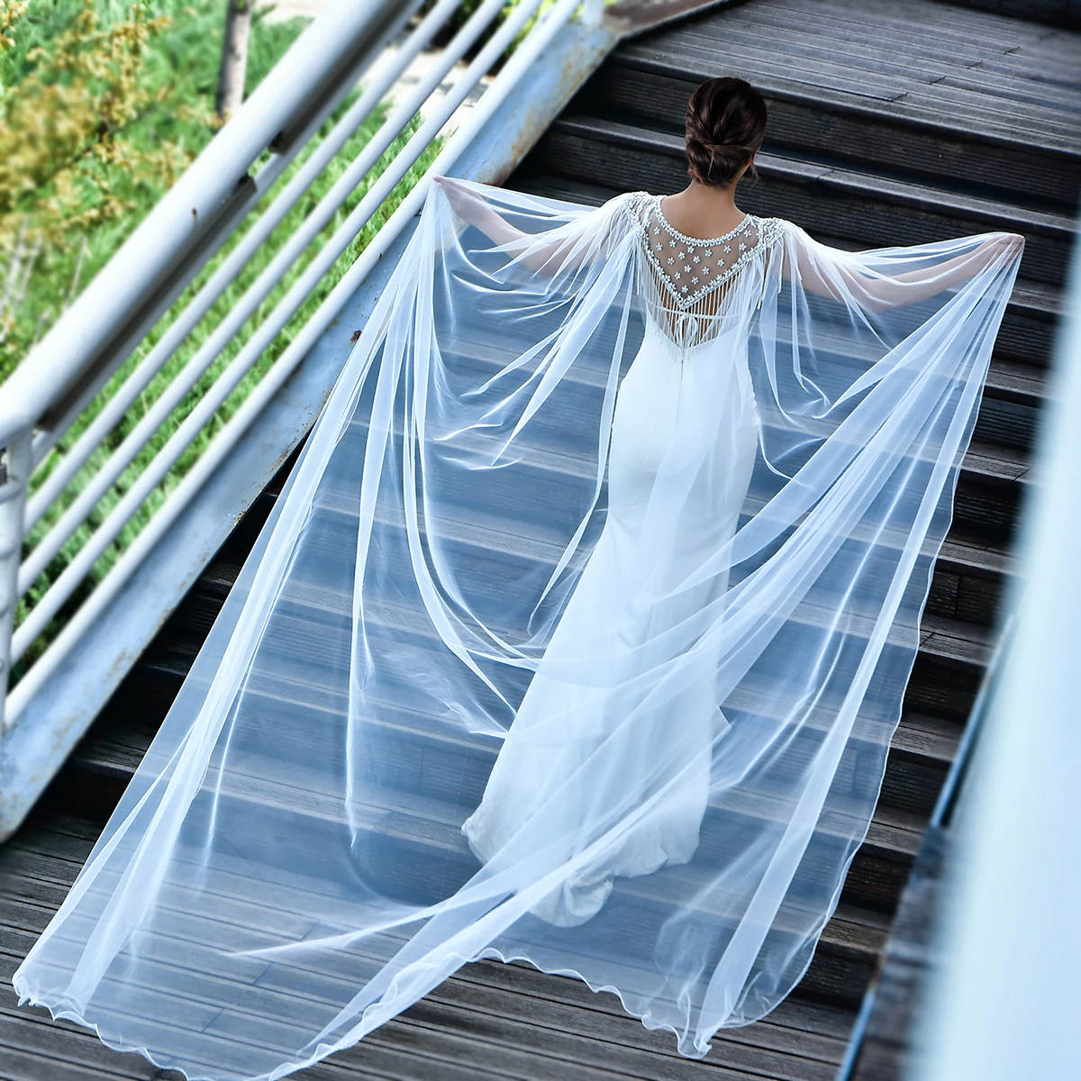 Gorgeous Long Wedding Wrap Beaded Tassel Crystal Beading Tulle Sleeveless Bride Shawl For Strapless Bridal Dress High Quality
