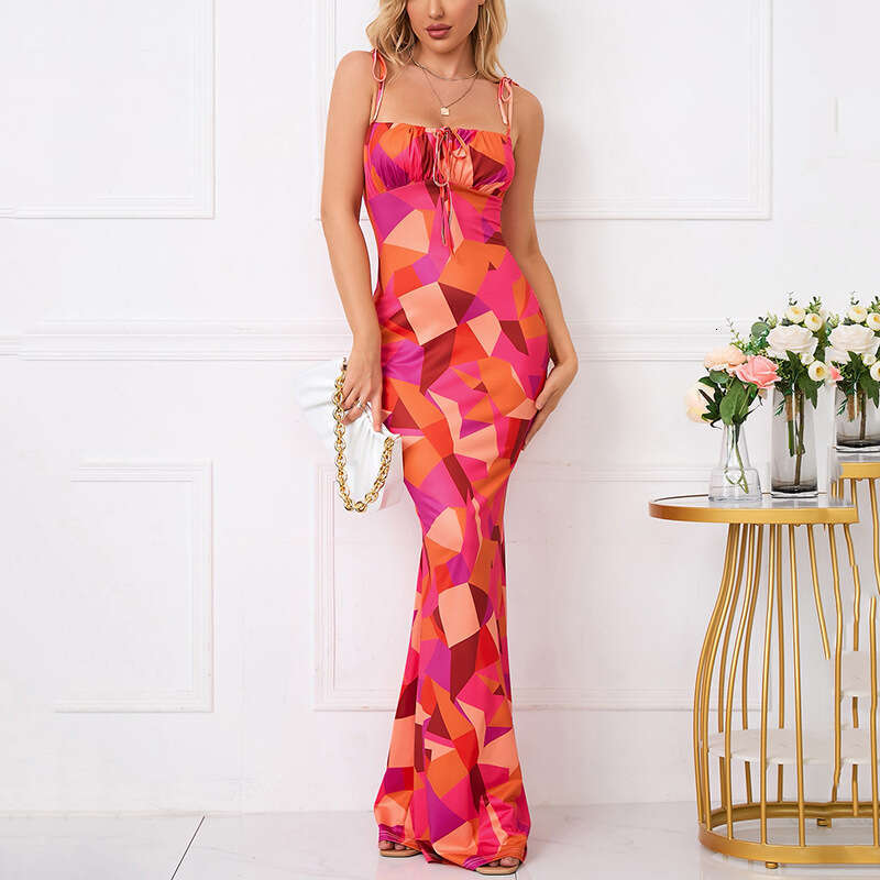 2024 Tiktok Hot Selling Long Skirt Sleeveless Lace Up Open Back Slim Fit Wrap Hip Casual Sexy Dress Long Summer Dress Bifurcated Short Round Neck Dres