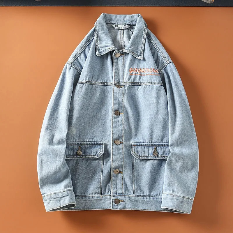 Y2K Harajuku Style Fashion Washed Old Young Men Vintage Hip Hop Letters Embroidered Lapels Casual Denim Jacket 240816