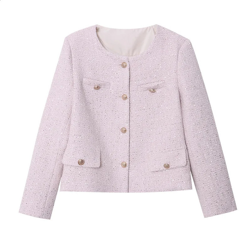 Elegant Short Woven Tweed Sequined Jacket Women Trend Classic O-neck Single Breasted Wool Blend Coats Spring Autumn 240812