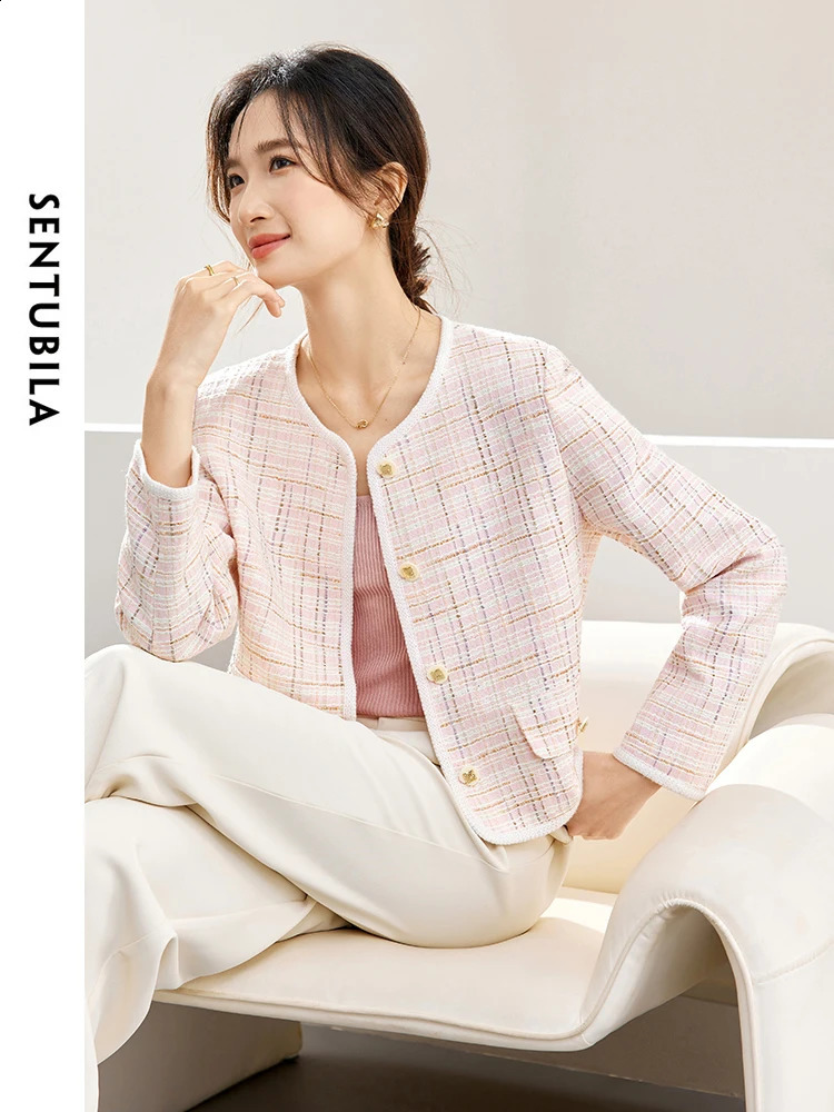 SENTUBILA Women Pink Tweed Jacket Autumn Elegant Round Neck Long Sleeve Single Breasted Straight Short Jackets W41W53601 240812