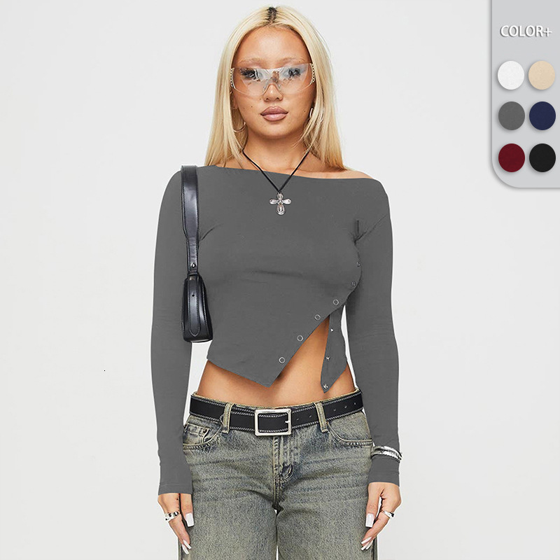 2024 Early Autumn New Women's Slant Slimming T-shirt Fashion Solid Color Shoulder Short Comfortable Top dongdumaoyi