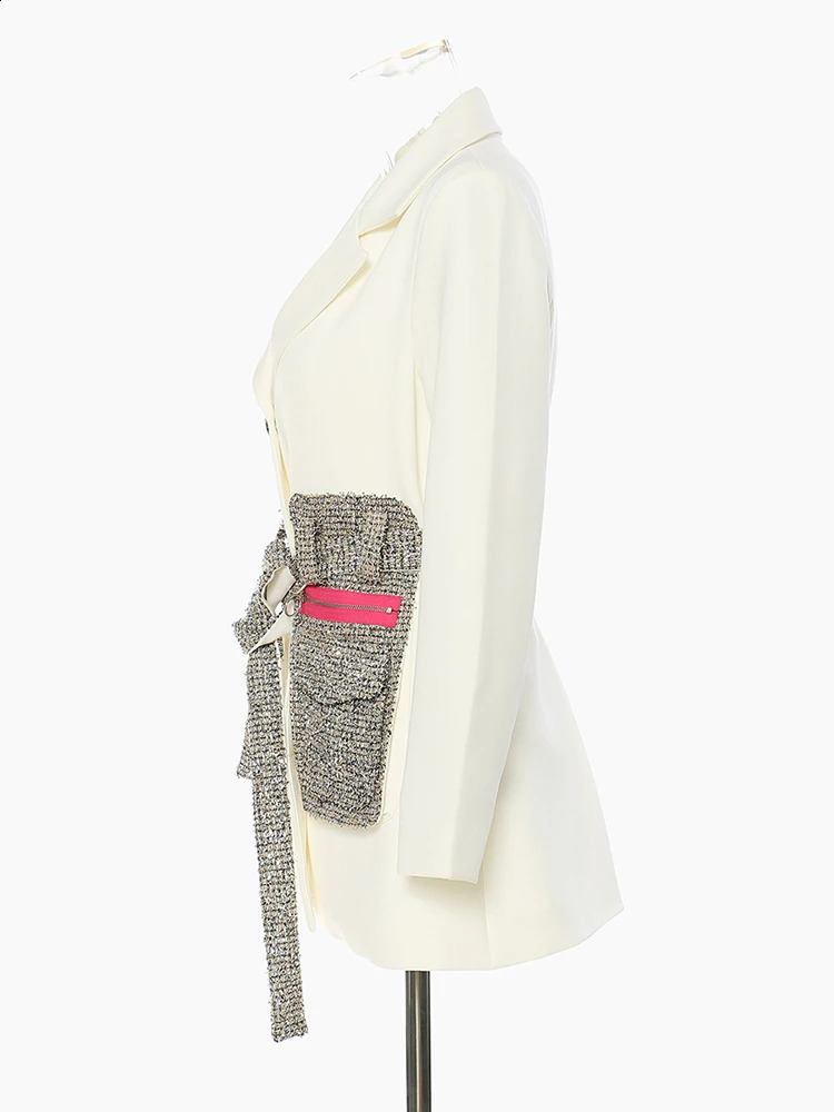 EAM Black Tweed Pocket Elegant Long Blazer Women Lapel Long Sleeve Loose Fit Jacket Fashion Spring Autumn 1DE9891 240812