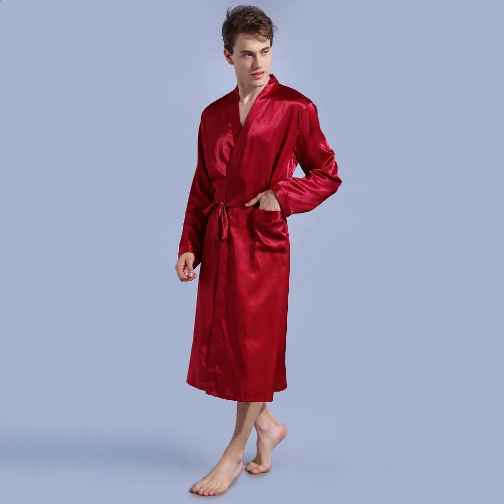 Burgundy Size S - XXL Chinese Mens Rayon Satin Casual Nightwear Robe Gown Solid Color Kimono Bathrobe Sleepwear Pajamas 240812