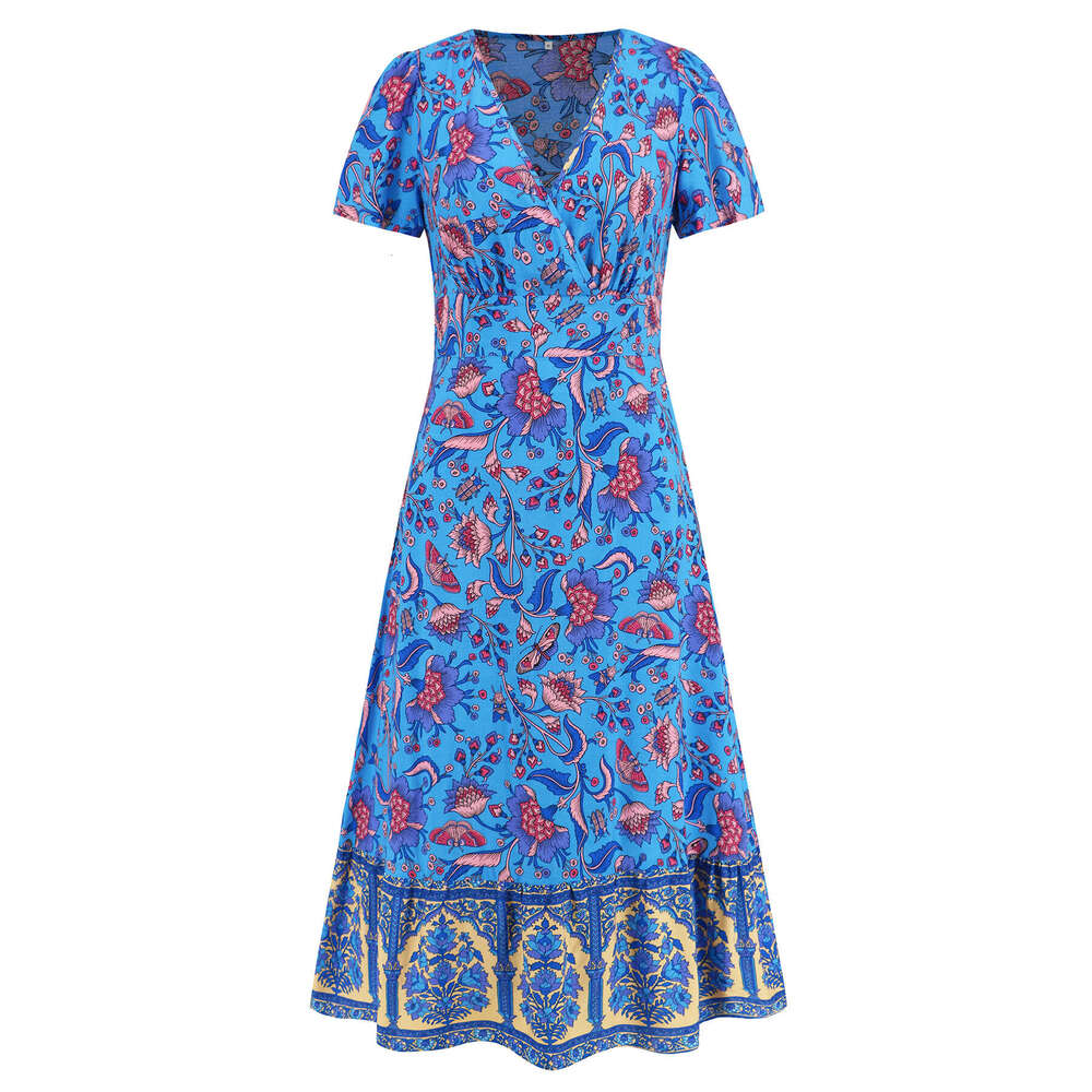 Sexy Short Sleeved V-neck Bohemian Beach Floral Dress for Women Summer Temu Tiktok Explosive Sexy Dress Bifurcated Novelty Temperament Denim Dress