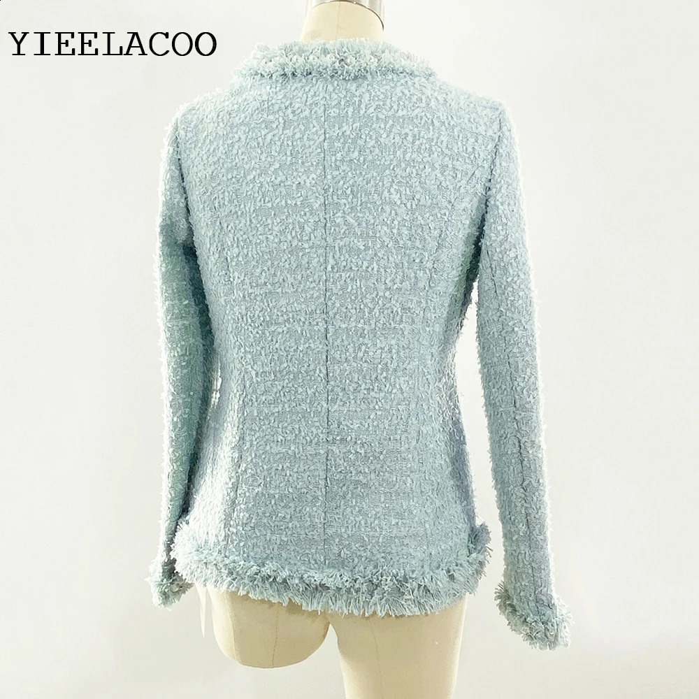 Light blue tweed jacket spring /autumn / winter jacket temperament One piece round neck coat Handmade beads womens jacket 240812