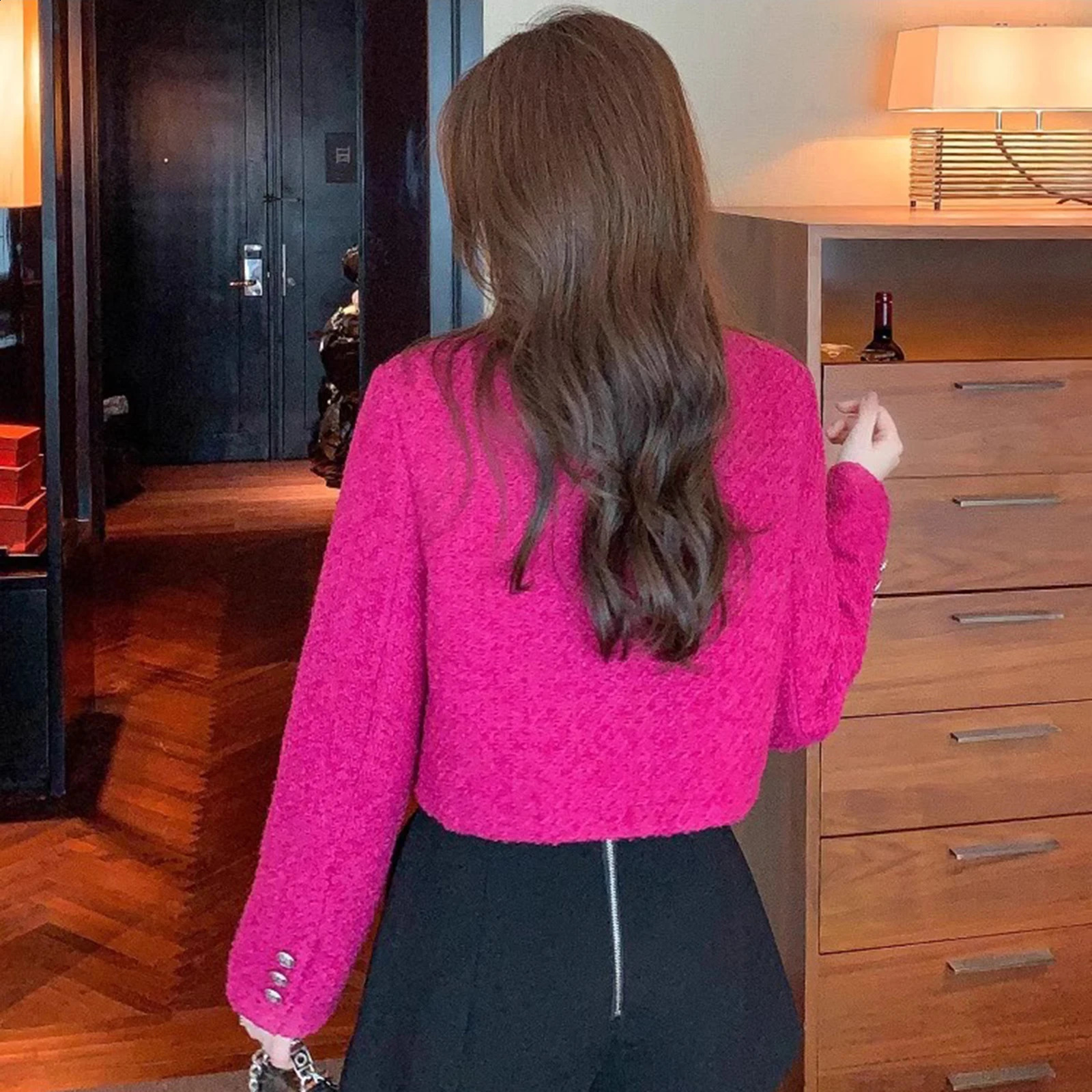 High Quality Small Fragrant Tweed Blazer Jacket for Women Pink Short O-neck Casual Coats Spring Autumn Elegant Trendy 240812