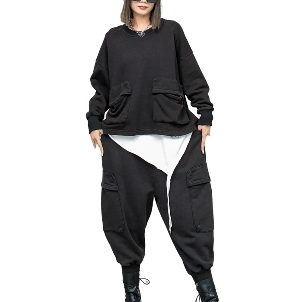 Spring Autumn Big Pocket Round Neck Long Sleeved Hoodie Small Leg Haren Pants Two-piece Set Women LX768 240812