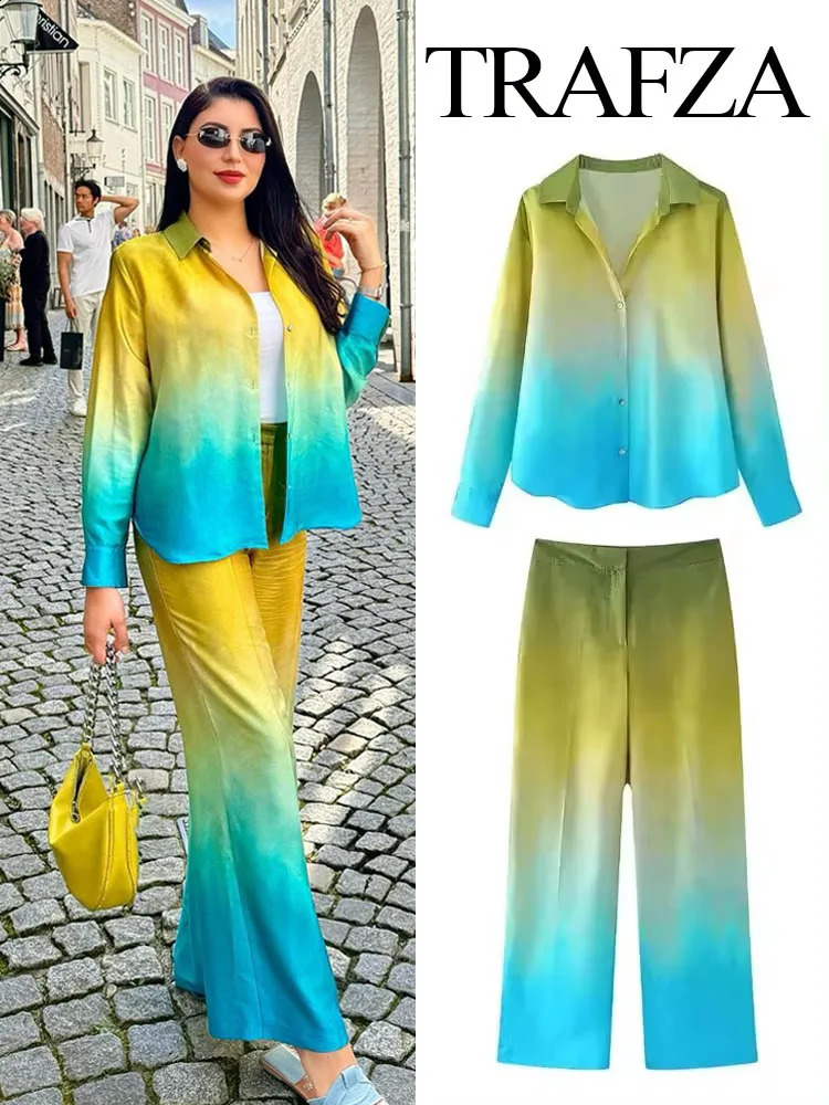 TRAFZA Women Summer Tie Dye 2-Piece Set Vintage Turn Down Collar ShirtHigh Waist Gradient Pockets Zipper Casual Wide Leg Pant 240812