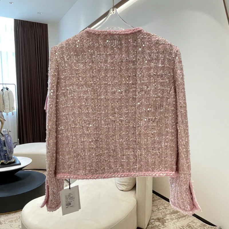 Pink Shiny French Small Fragrance Lady Coat Sequined O Neck Long Sleeve High Quality Sweet Casual Loose Chic Tweed Womens Coat 240812