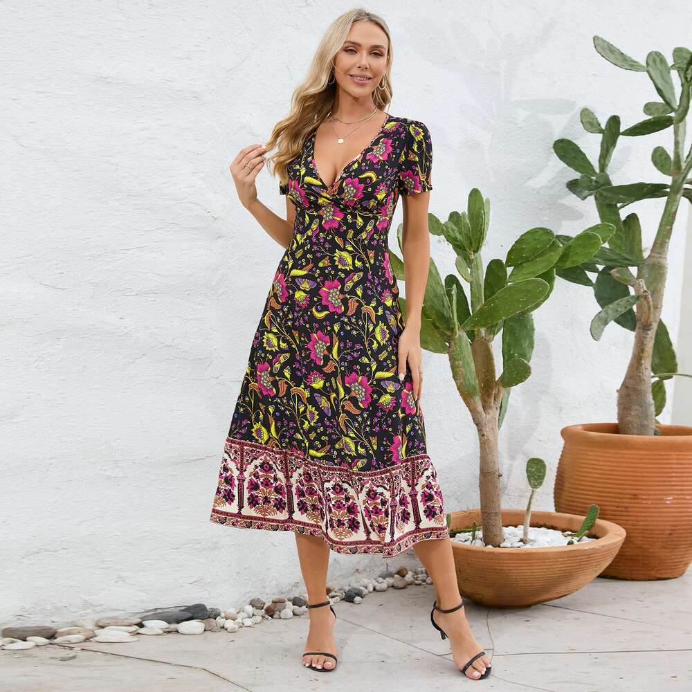 Sexy Short Sleeved V-neck Bohemian Beach Floral Dress for Women Summer Temu Tiktok Explosive Sexy Dress Bifurcated Novelty Temperament Denim Dress