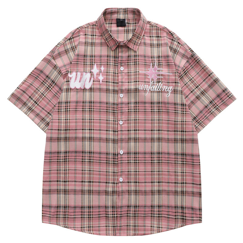Clothing Mens Clothing Internet Celebrity Blogger Wearing Pink Checkered Short Sleeved Shirt for Couples Mens and Womens Personalized Shirt