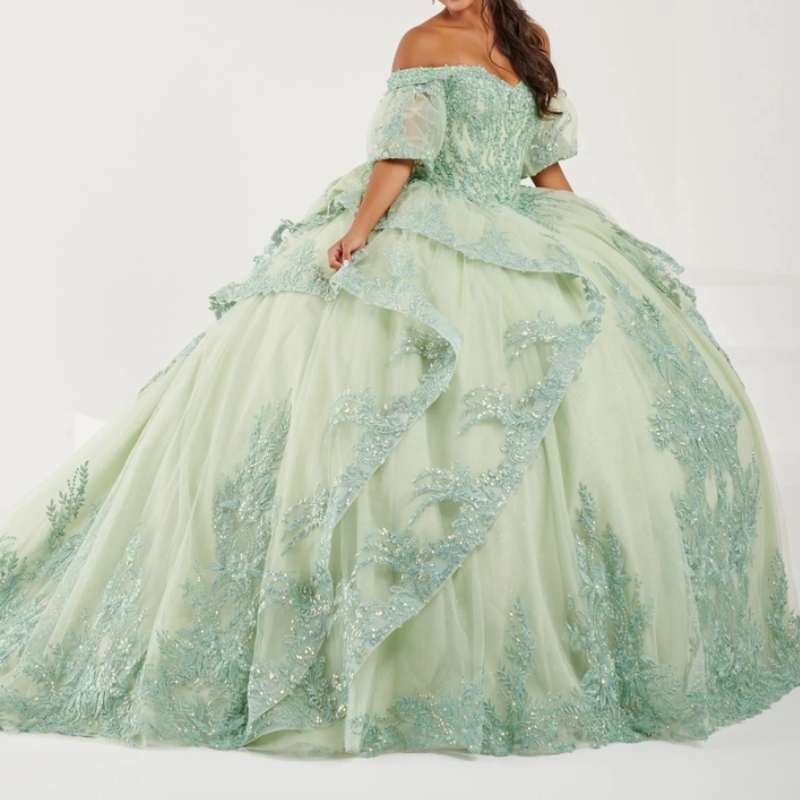 Green Quinceanera Dress Ball Gown Off The Shoulder Birthday Party Appliques Lace Beads Tull Sweet 16 Vestidos De 15 Anos