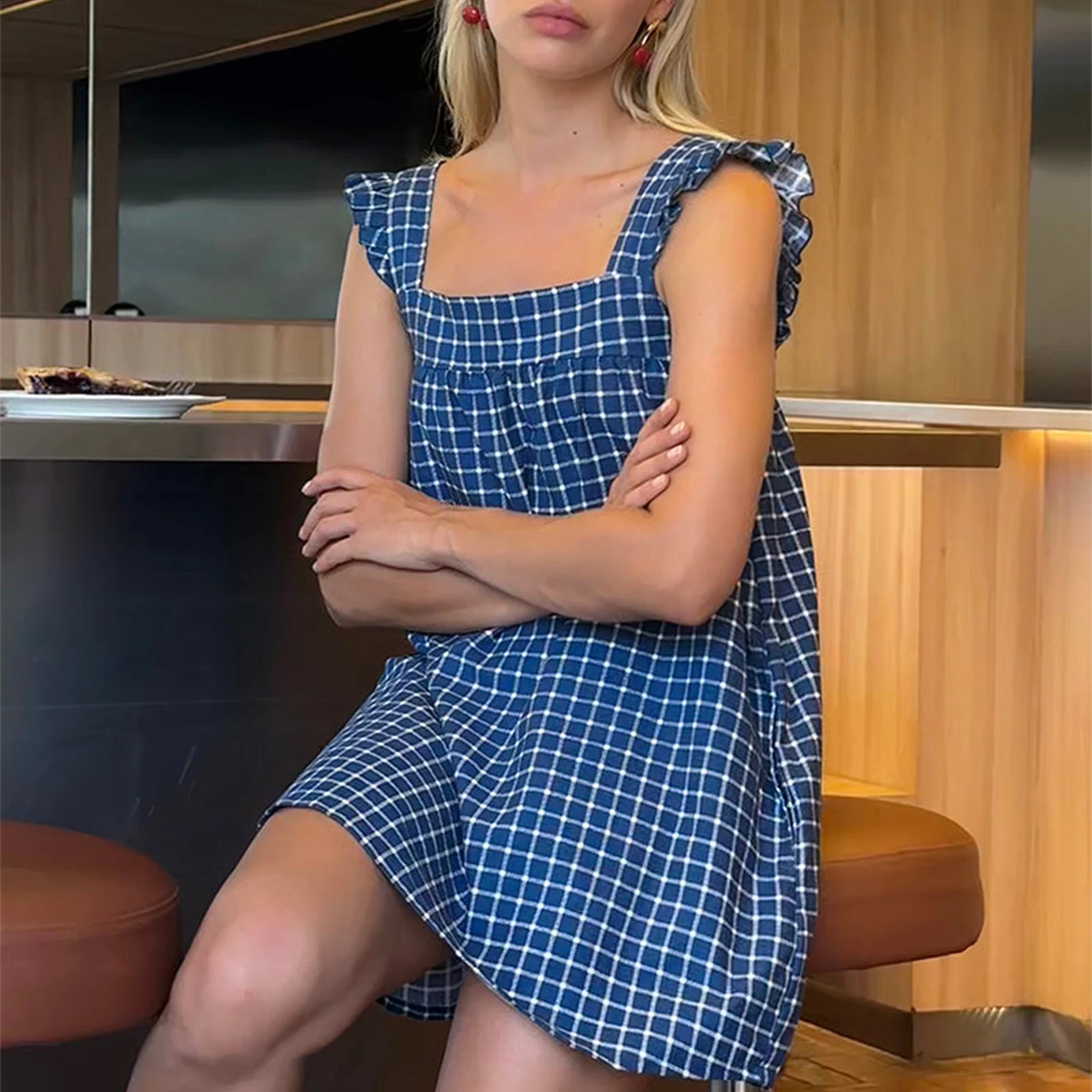 Fashion Women Summer Gingham Mini Dress Spaghetti Strap Square Neck Short Dress Y2k A Line Flowy Skater Slip Dress 240812