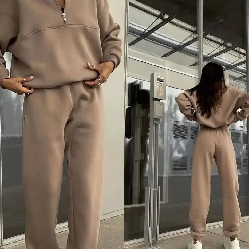 Tracksuit Women Pant Sets Two Piece V Neck Long Sleeve Solid Pullovers Loose High Street Elastic Waist Pencil Pants Flat Zipper 240812