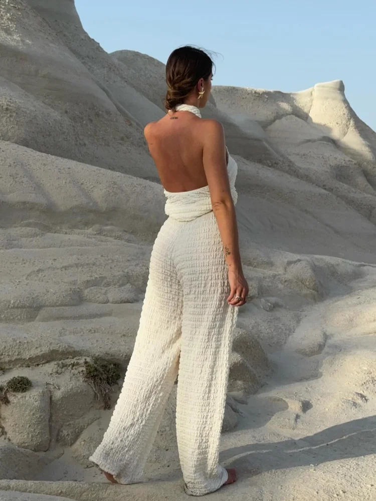 Elegant Pleated Halter Tops Pant Sets Women Sleeveless Backless Vest High Waist Wide Leg Trouser Suit Lady Fashion 2 Pieces 240812