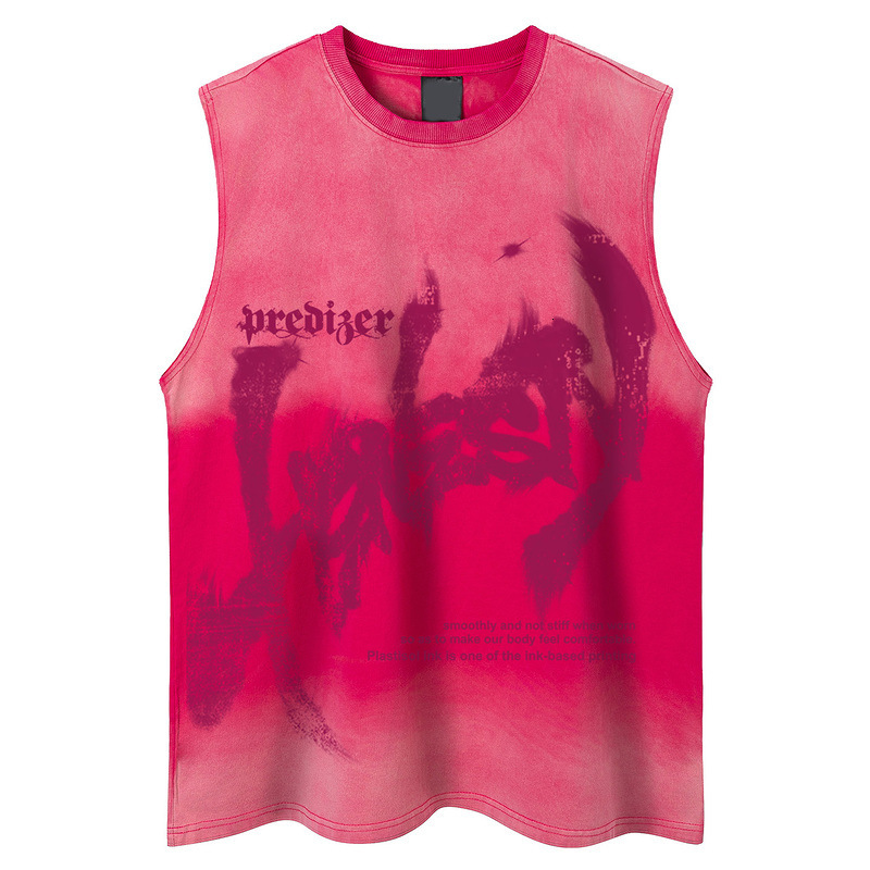Mens Hip Hop Gradient Graffiti Printed Sleeveless T-shirt for Men and Women Trendy Style Loose Couple Suede Tee