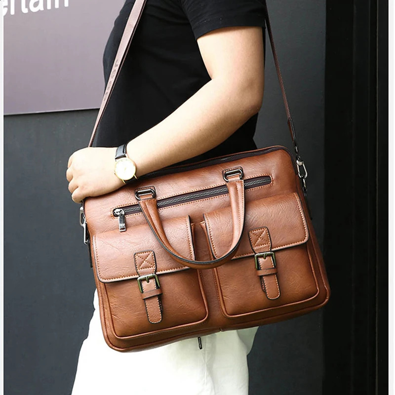 Mens administrative briefcase PU leather retro handbag mens laptop 14 messenger cross body Ita bag 240810