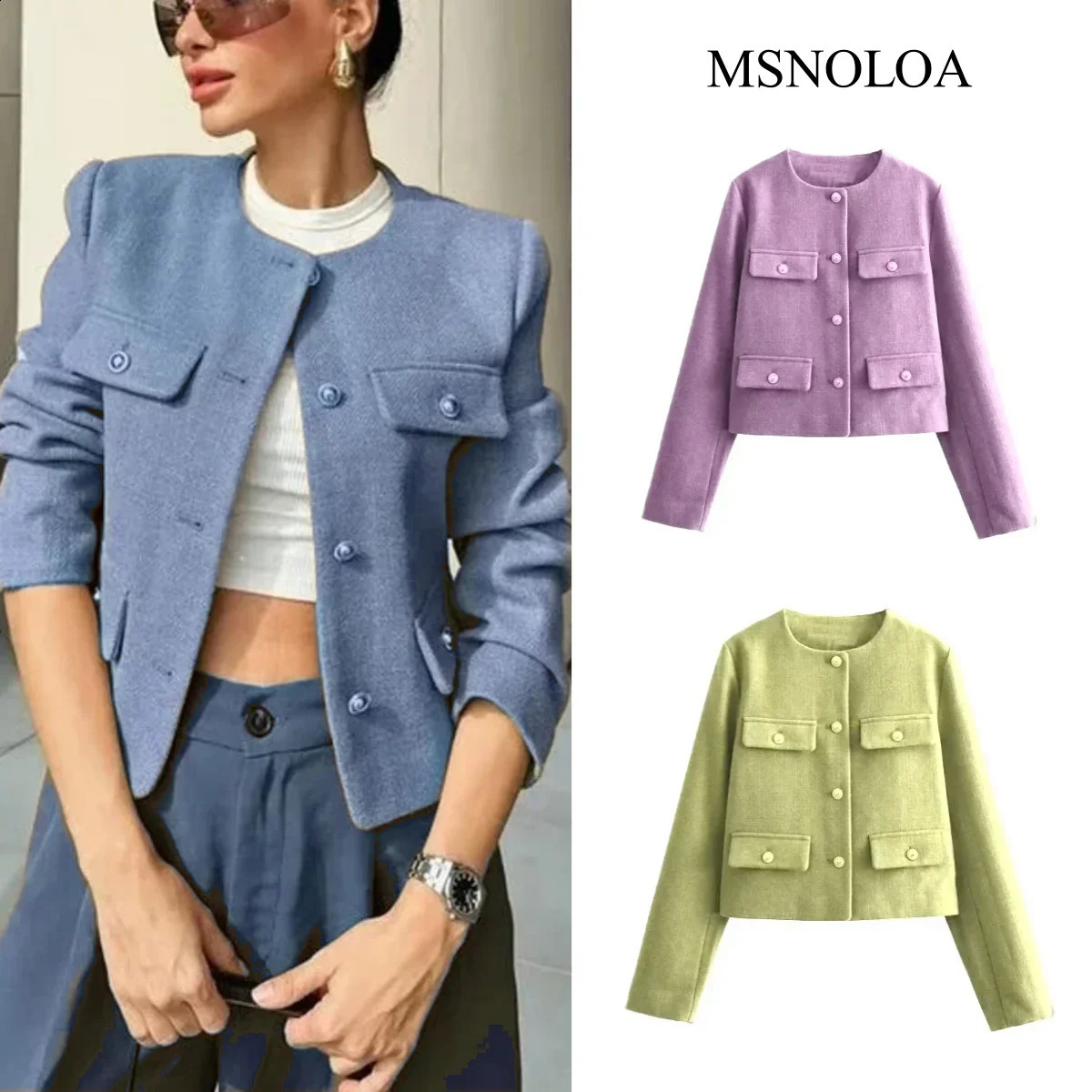 Autumn Cropped Jacket For Women Coat Winter Crop Jacket Tweed Round neck Long sleeved Demi-season Jacket Bomber Outerwears 240812