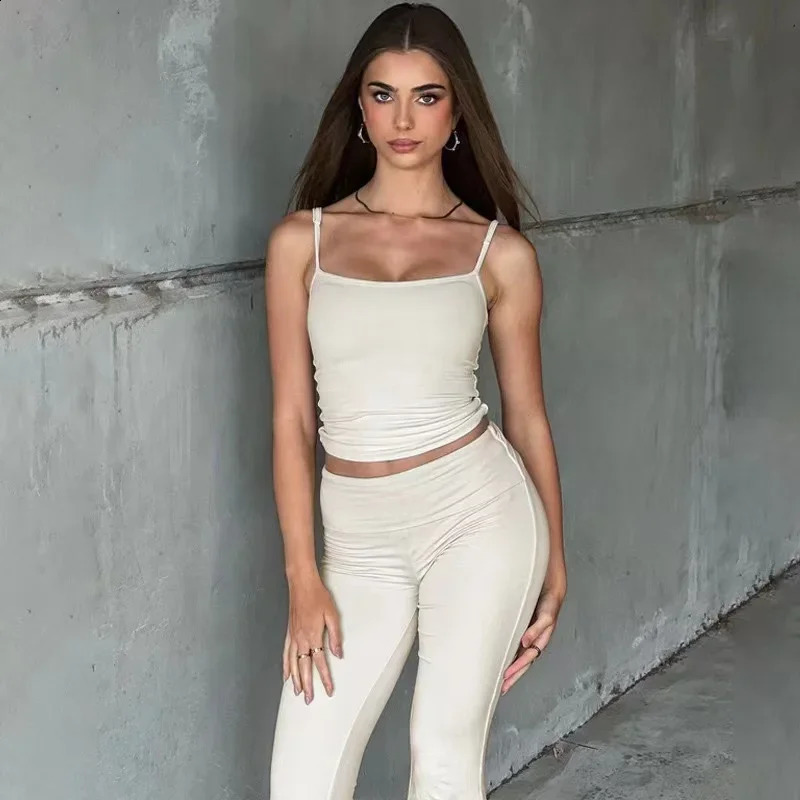 Matching Set Sleeveless Tank Top Spring Summer Elegant Womens Bell Bottom Solid Club Co Ords Pants 240809