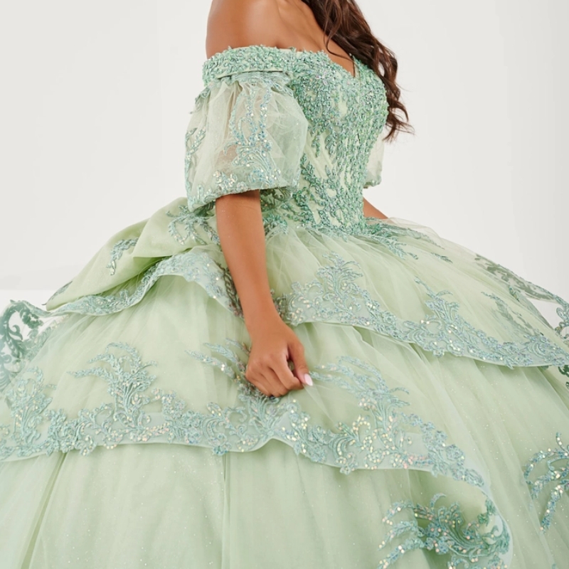 Green Quinceanera Dress Ball Gown Off The Shoulder Birthday Party Appliques Lace Beads Tull Sweet 16 Vestidos De 15 Anos