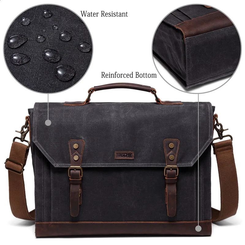 VASCHY canvas messenger bag for men vintage leather batik briefcase 173inch laptop office 240810