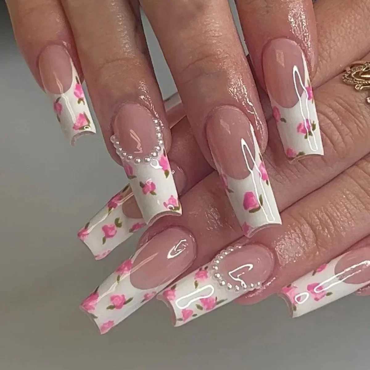24 wearable fake nails long ballet dancer pink pressed nails with glue French full coffin fake nail tips Rhinestone W240810