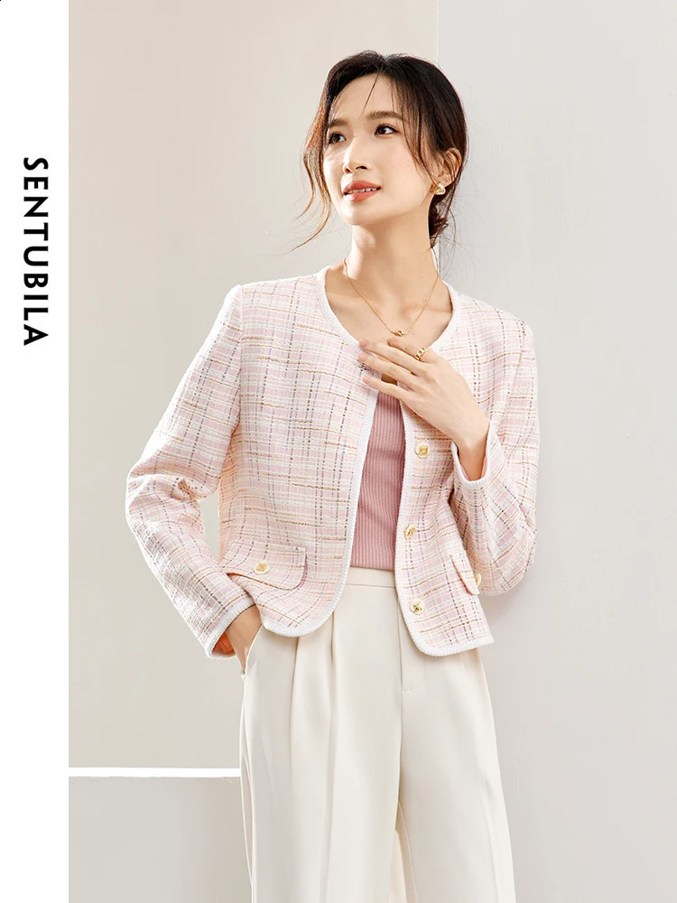 SENTUBILA Women Pink Tweed Jacket Autumn Elegant Round Neck Long Sleeve Single Breasted Straight Short Jackets W41W53601 240812