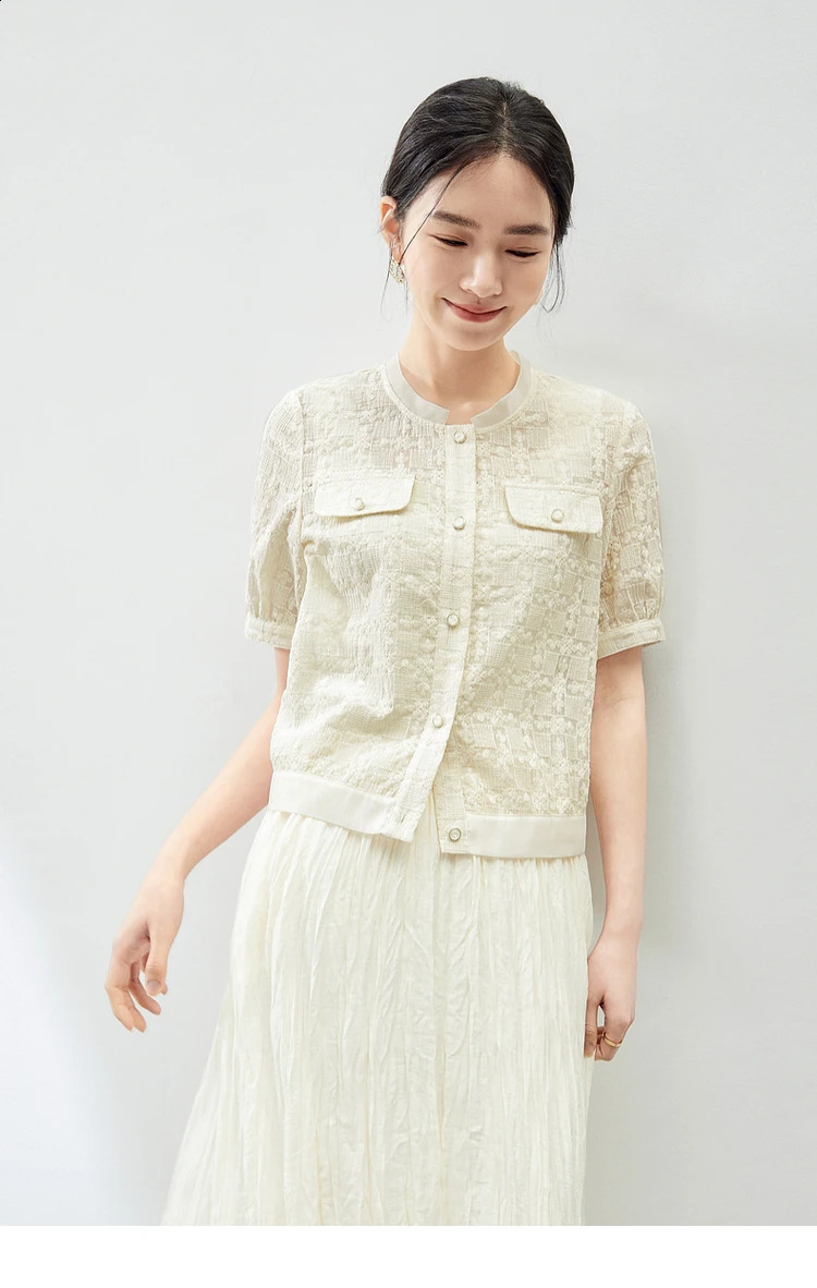 Sentubila Elegant Tweed Single Breasted Cropped Coat Woman Summer Light Apricot Round Neck Short Sleeve Top 142W54251 240812