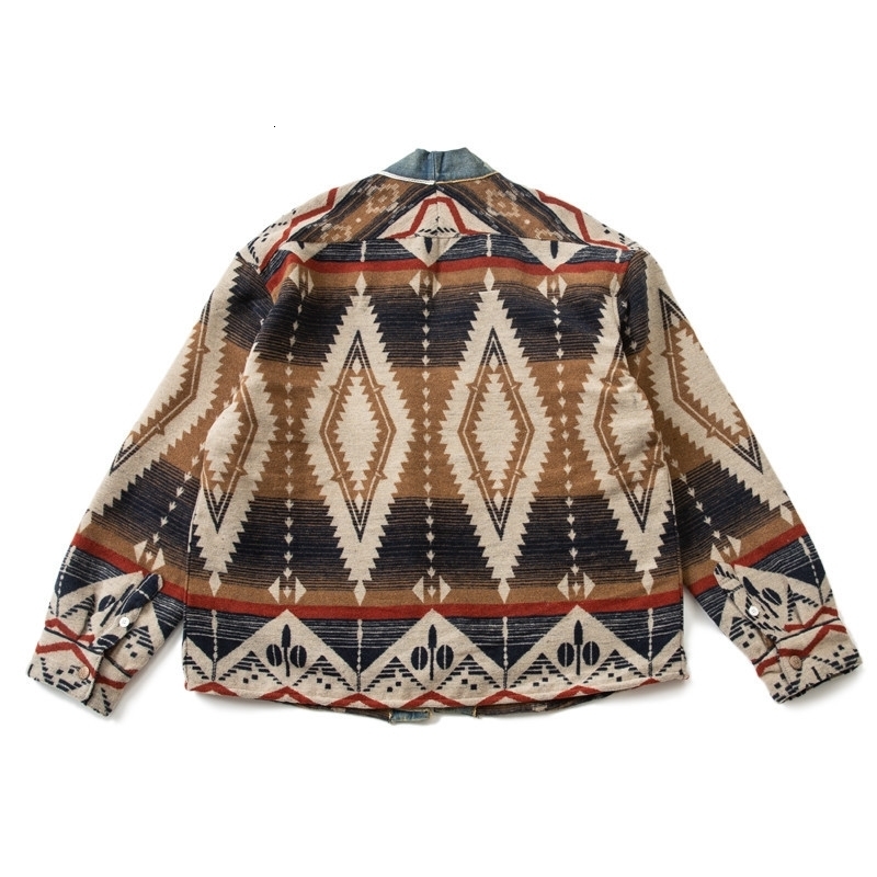 ABOORUN Men Retro Cardigan Robe National Denim Patches Jackets Streetwear Coat for Male 240810CJ