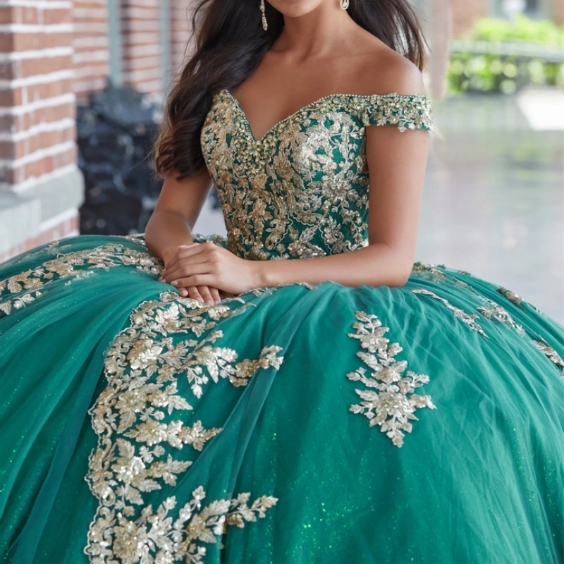 Green Shiny Quinceanera Dress Ball Gown Off The Shoulder Gold Lace Applique Beading Tull Birthday Party Sweet 16 Vestidos De 15 Anos