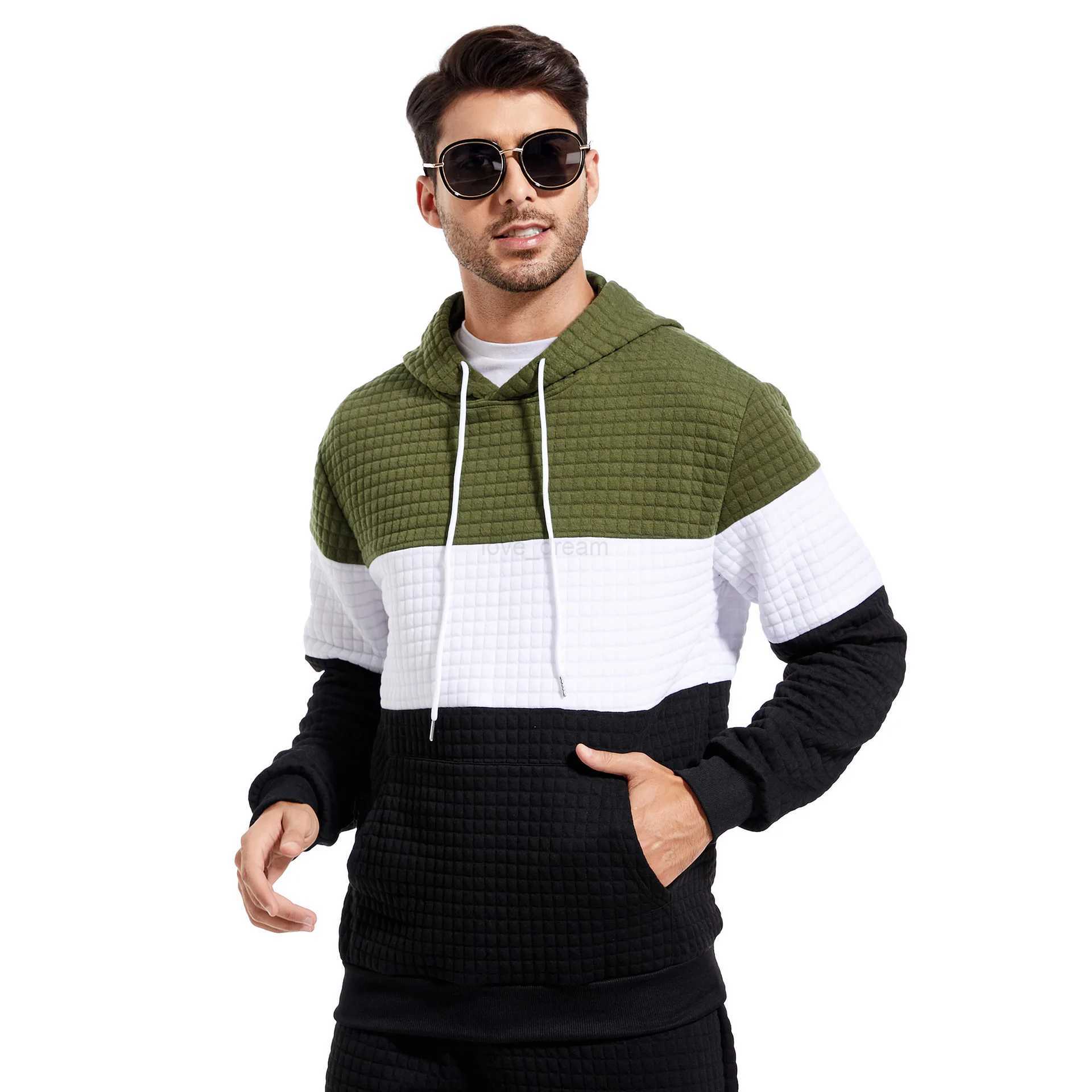 Large size mens hoodie pullover plaid color matching vintage jacquard leisure sports hoodie men SweatshirtsXJ240812